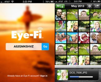 Pairing the Eye-Fi Mobi card to a smartphone is easy: launch the app (iOS shown), enter the code printed on the card case, and the app can then pull images off the card over a direct Wi-Fi connection.