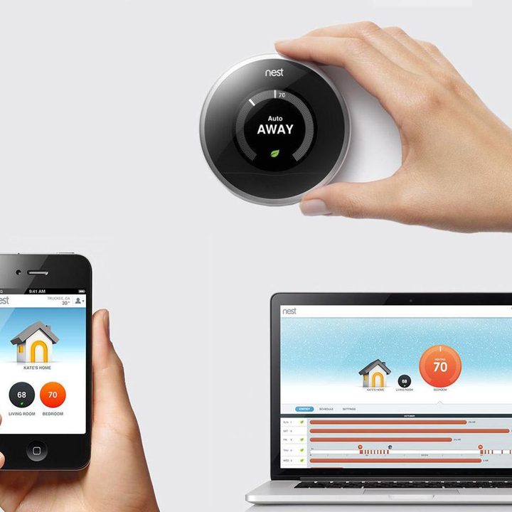 A collection of three devices on light gray background: a smartphone held by a person's hand, a laptop, and a smart thermostat being adjusted by a person's hand.