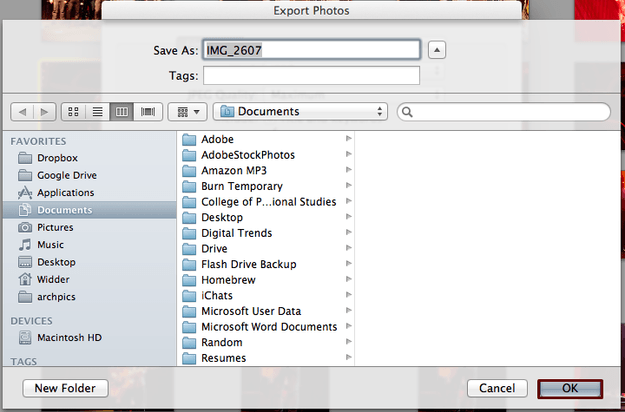 OK Button for Exporting Photos