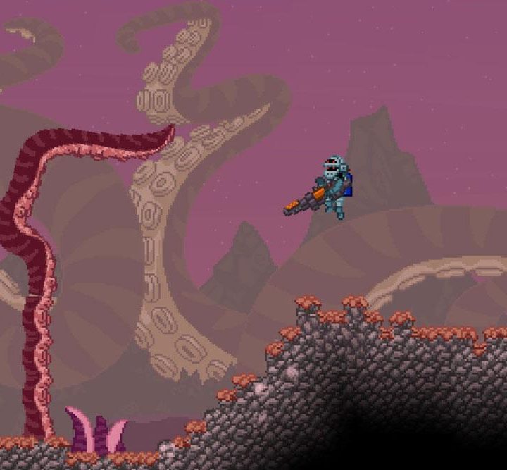 Starbound player aiming a weapon.