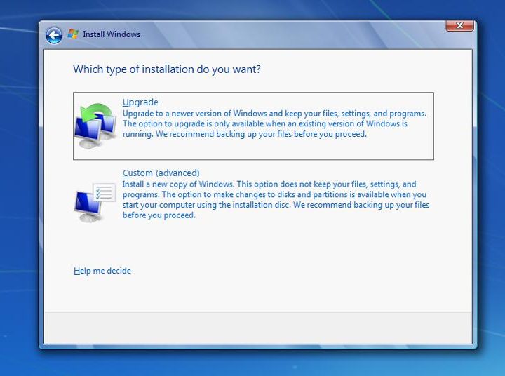 Selecting type of Windows 7 install