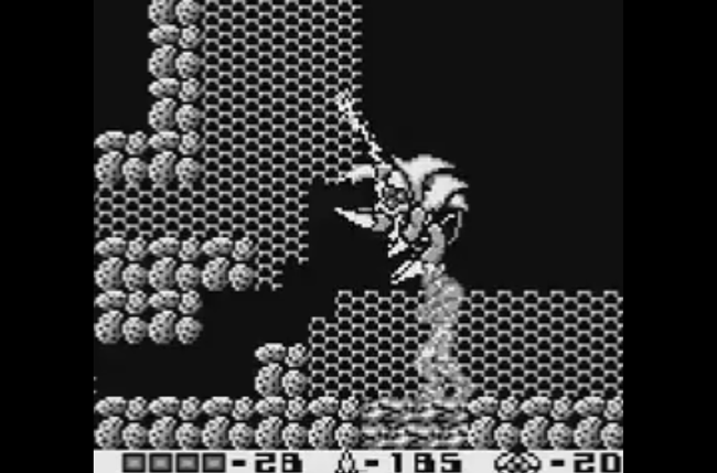 Samus shoots a Metroid in Metroid 2.