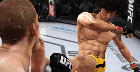 A fighter kicking another.