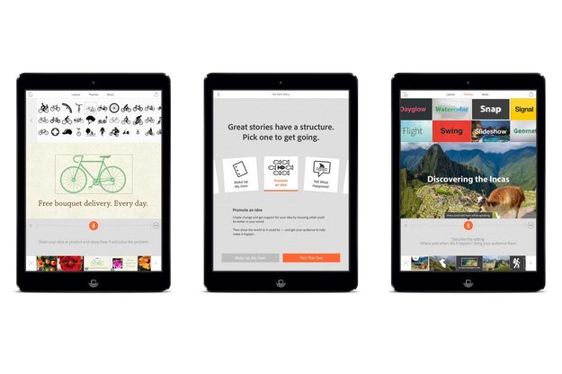 Various screenshots of Adobe Voice on iPad: (from left to right) icons for illustrating your story, story starter wheel to initiate your story, and unique themes.