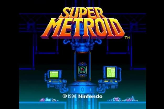 The pause screen for Super Metroid shows a Metroid floating in a jar.