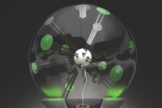 The Smart Ball's six-axis MEMS accelerometer sensor package, suspended inside the ball.