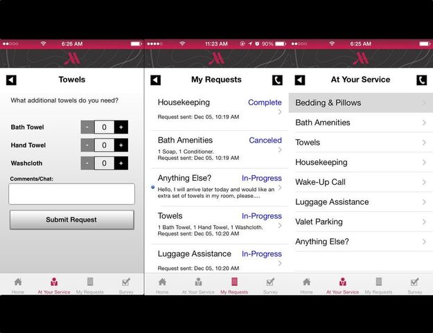 Guests at the Marquis can make all the usual hotel requests via Marriott's Guest Services app, including check-in/check-out.