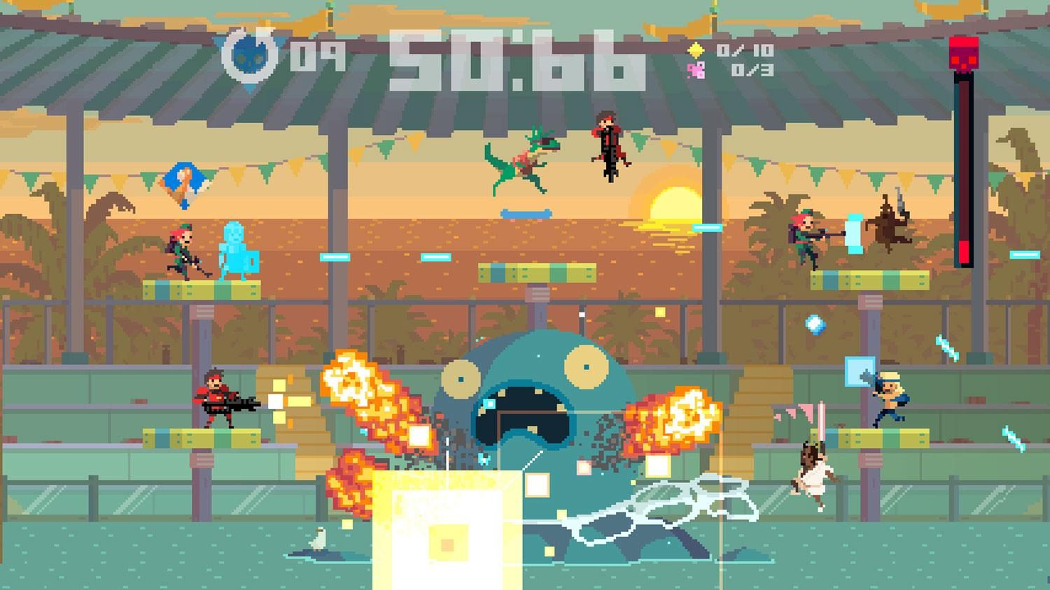 Characters shooting at one another in Super Time Force.