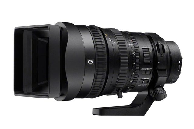 Sony FE PZ 28-135mm F4 G OSS lens with hood.