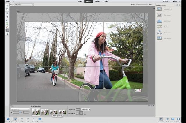 Photoshop Elements 13 has a quick cropping tool that analyzes the photo and crops it based on rules of composition.
