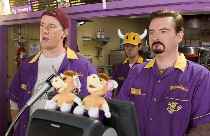 Two men stand in a fast food restaurant in Clerks 2.