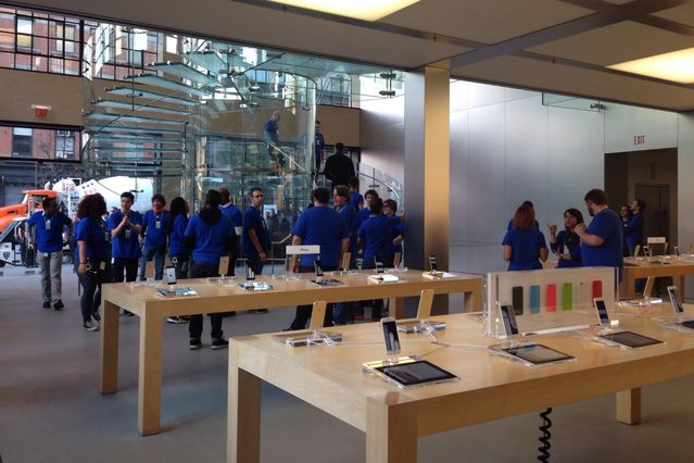 It's calm inside the Apple Store, but it won't last