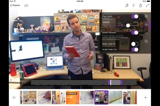 Adobe Premiere Clip app (shown here on an iPad) lets you easily edit a video, but can be sent over to Premiere Pro CC on the desktop for more advanced video production.