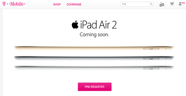 T-Mobile iPad Air 2 Preregistration page