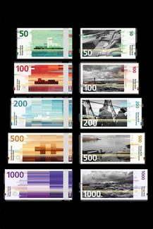 Snohetta's original submission uses photos for the front and a complementing pixel motif on the back. Norges Bank rejected the front design, but chose the pixel motif.