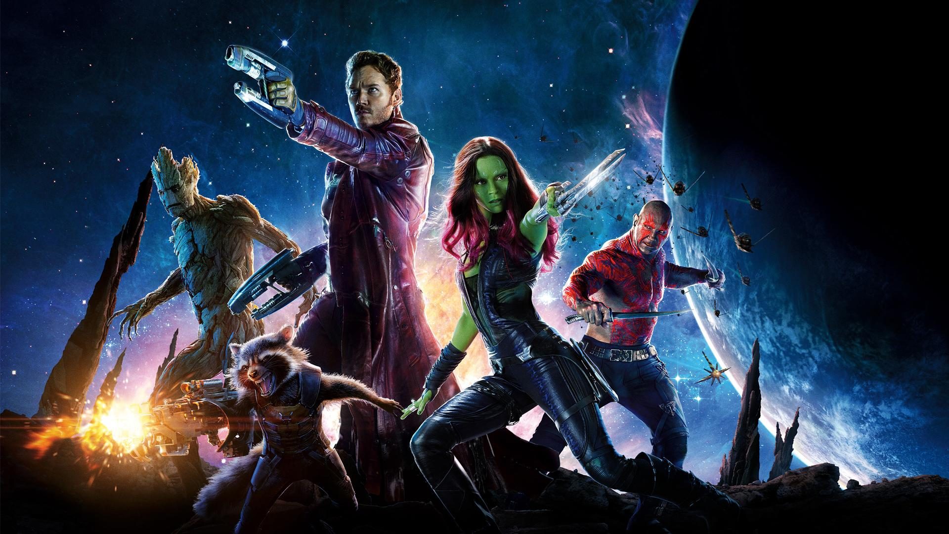 The cast of Guardians of the Galaxy in a poster.