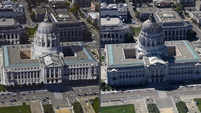 San Francisco City Hall with new Google 3D imagery (left) and old (right).