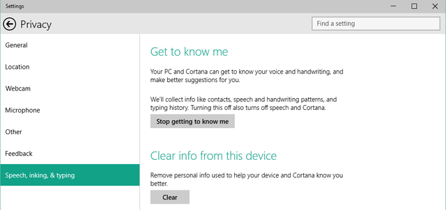 Cortana Privacy Settings