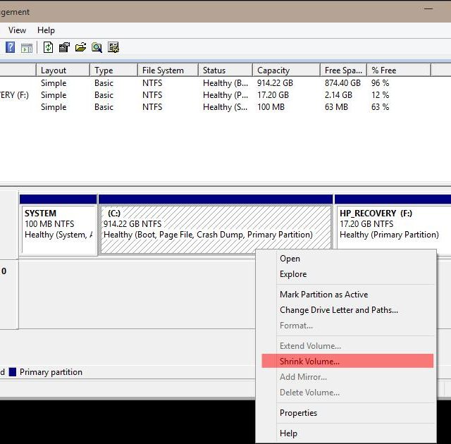 Shrinking the Volume for Dual Booting Windows
