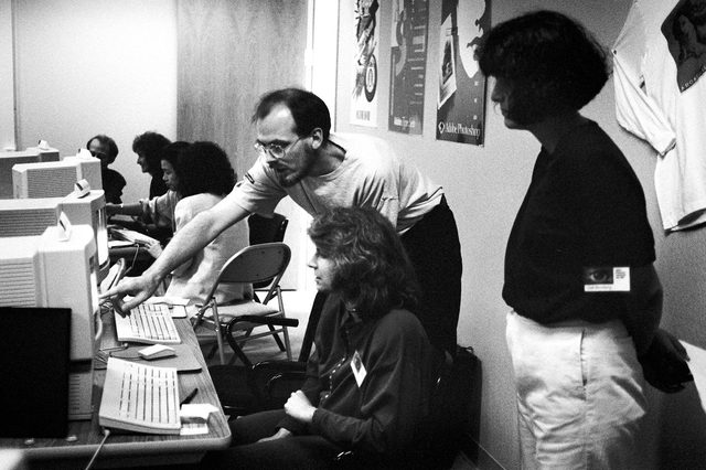 Russell Brown, Adobe creative director, and attendees of Adobe's 1990 Photoshop Invitational.