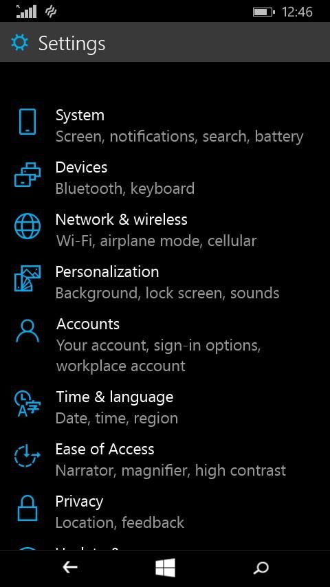 windows 10 technical preview phone hands on settings menu