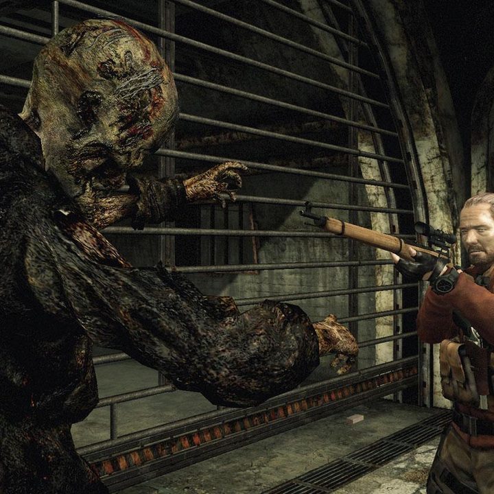 Character shooting zombie in Resident Evil Revelations 2.