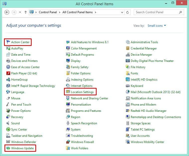 Windows 8 Control Panel Highlight
