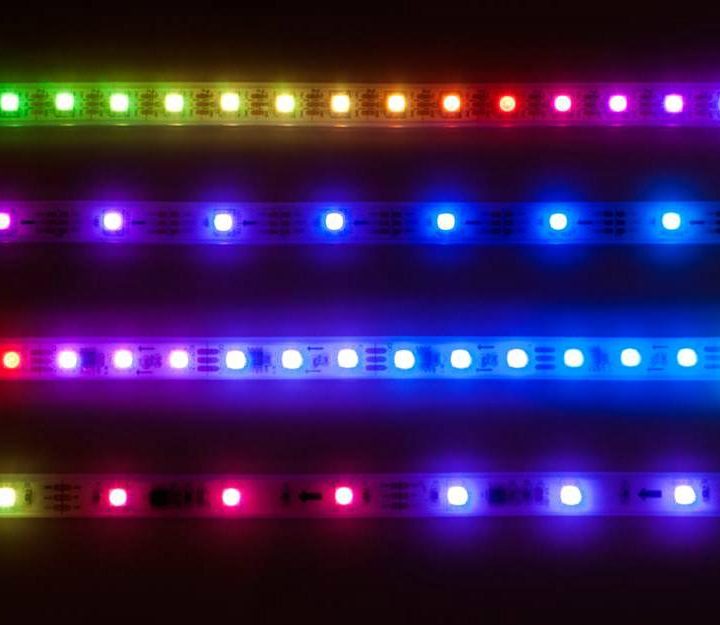 A display of LED light strips.