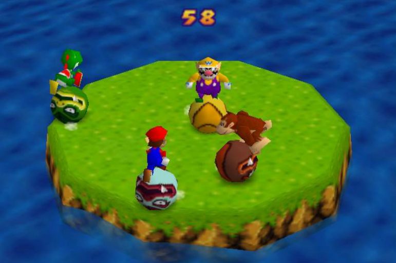 Mario, Yoshi, Wario, and DK playing bumper balls.