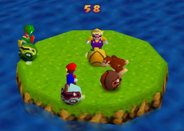 Mario, Yoshi, Wario, and DK playing bumper balls.