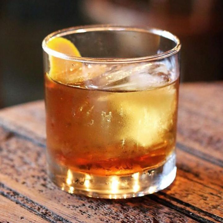 A cocktail on a table.