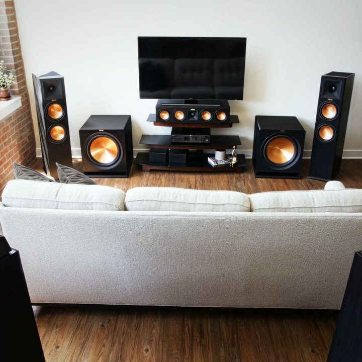 Dolby atmos surround sound setup in a living room.