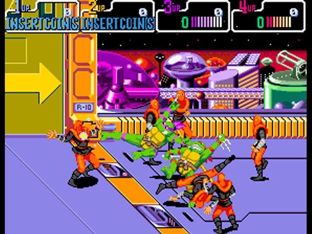 The turtles fight enemies in the classic Teenage Mutant Ninja Turtles NES game.