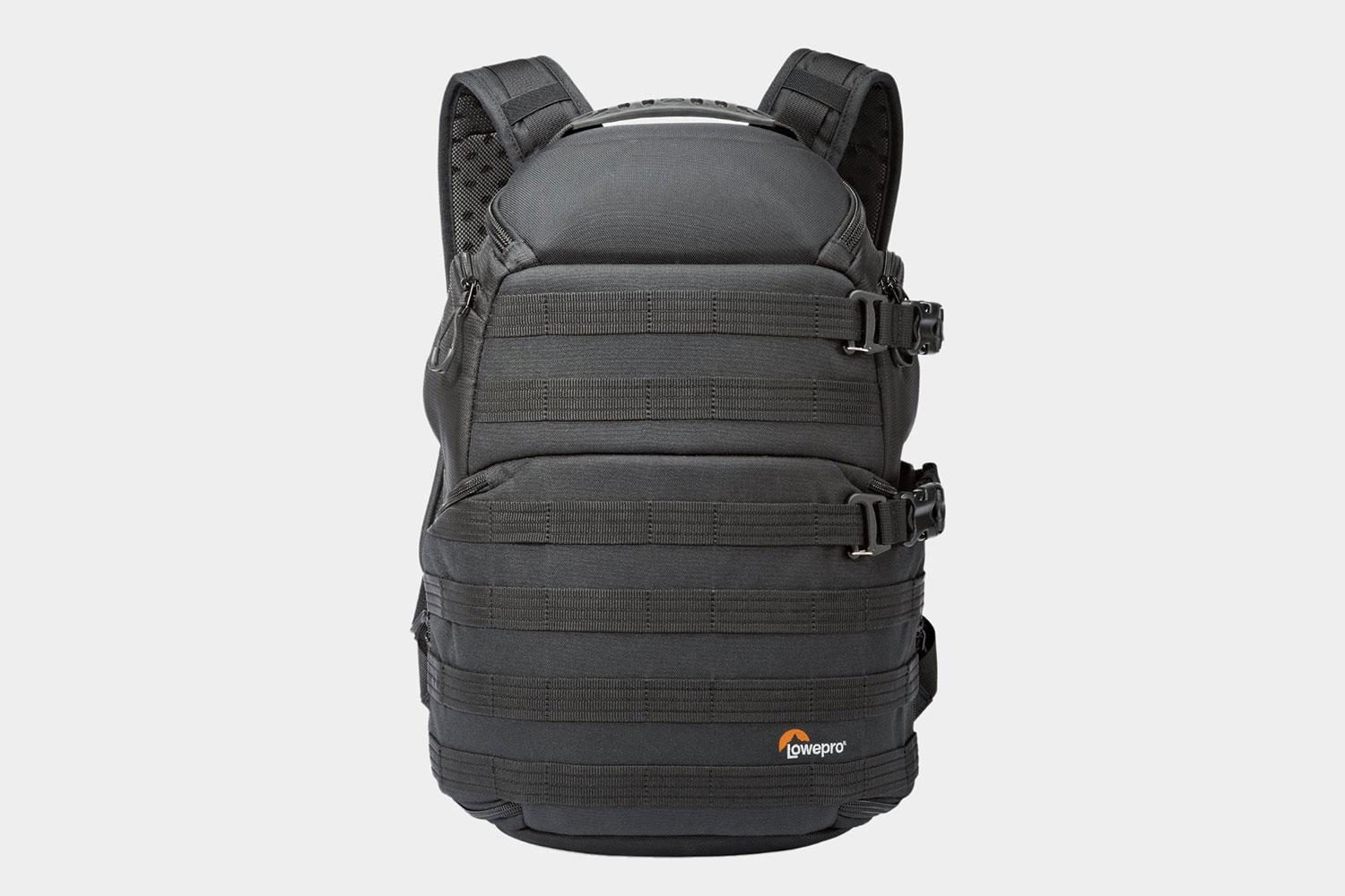 Frontal view of a Lowepro ProTactic 350 AW Camera and Laptop Backpack.