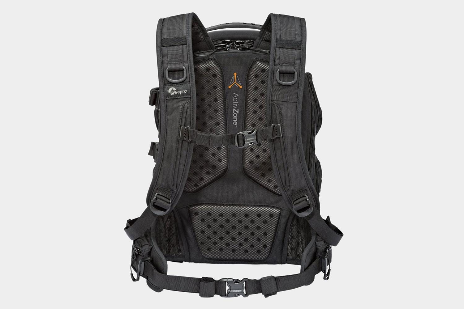 Rear view of a Lowepro ProTactic 350 AW Camera and Laptop Backpack.