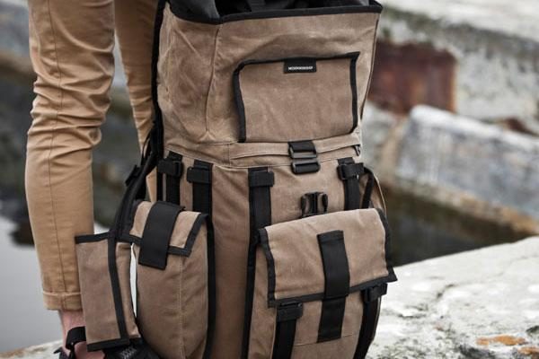 Close frontal profile view of a tan Mission Workshop&nbsp;R6 Arkiv Field Pack.