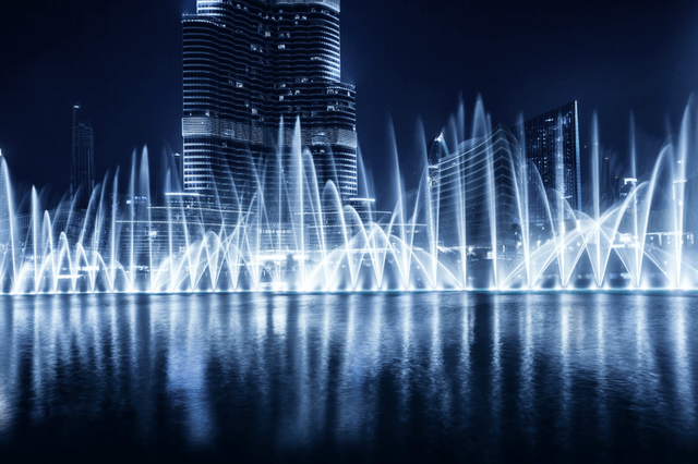 The Dubai Fountain sits at the foot of the Burj Khalifa