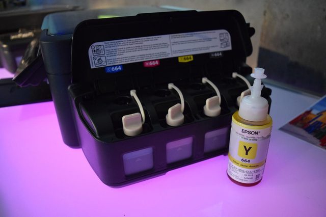 EcoTank printers have ink reservoirs that users can refill, using ink bottles.