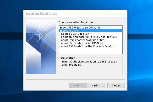 outlook export to a file