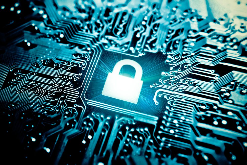 A digital lock sign set on a background of a chipset.