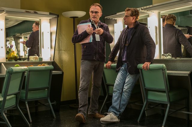 Director/producer Danny Boyle and writer Aaron Sorkin on the set of "Steve Jobs".