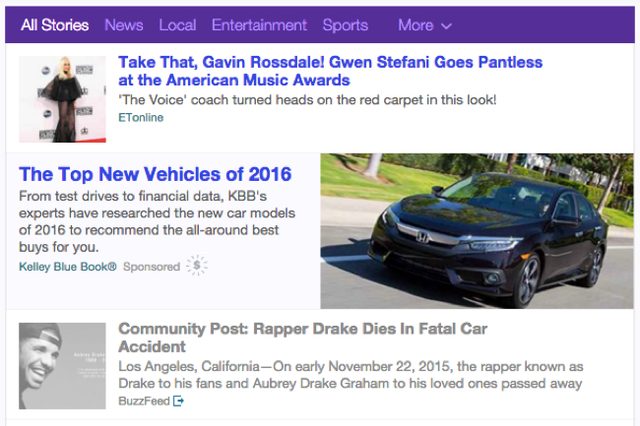 The fake news about Drake's death ended up being picked up by Yahoo, which appeared on its front page.