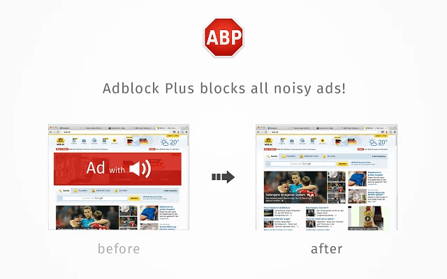 Adblock Plus product photo showing how a website looks before and after using the browser extension.