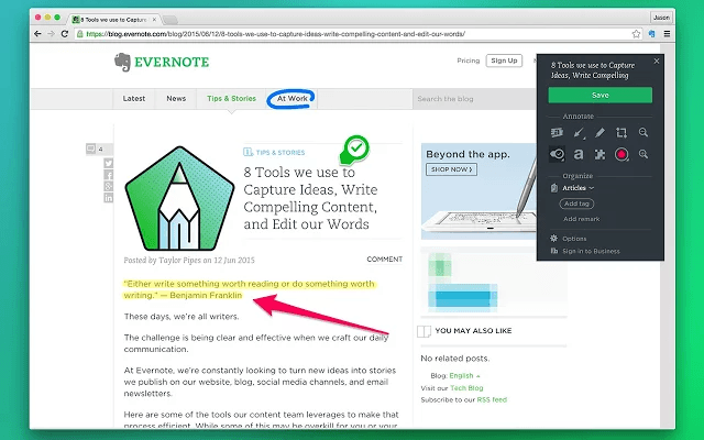 Evernote Web Clipper screenshot showing browser extension in use.