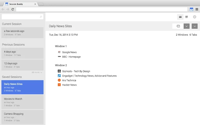 Session Buddy screenshot showing the browser extension in use.