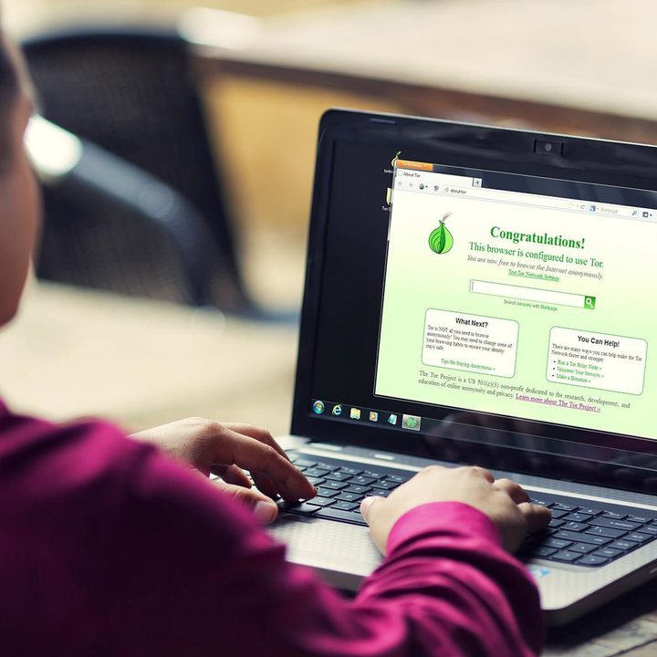 A person using a browser that is configured to use Tor, on a laptop.