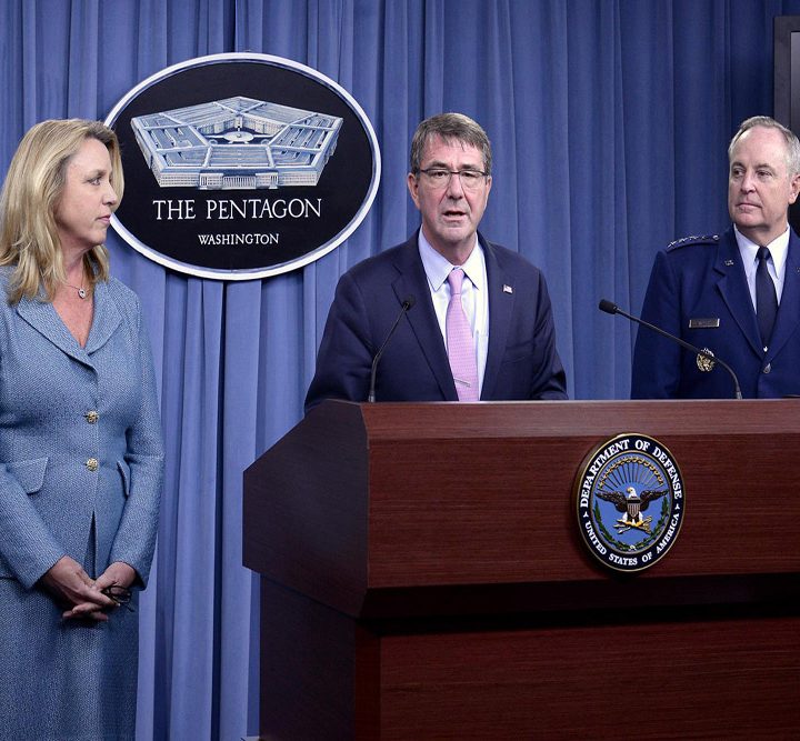 Secretary of Defense Ashton Carter (middle), Deborah Lee James (left), and Air Force Chief of Staff Gen. Mark Welsh (right) at the contract award announcement