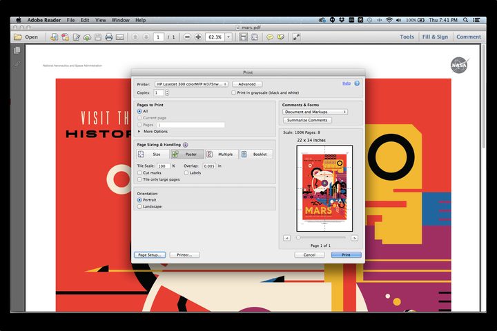 In Adobe Reader's print menu, you can choose the Poster option to print the 20 x 30-inch image on eight 8.5 x 11-inch paper.