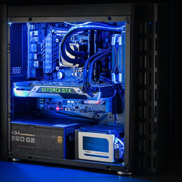 A PC case showing the inside of the system, including the GPU and CPU.