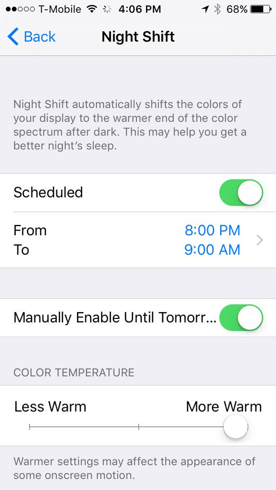 apple iphone se review screenshot night shift